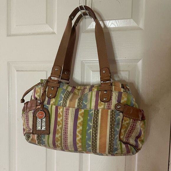 Fossil Multi color stripes canvas with brown leather trims &straps shoul… - Picture 1 of 13